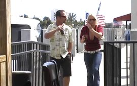 Luscious blond mature Hunter is sucking man's chili dog while he is making a video