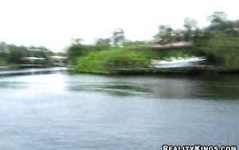 Pungent older woman Ginger strips and goes down on a small shlong