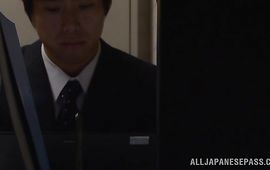 Sugary big boobed maiden Yu Sakura eagerly sucks on her pussy tester's fat cockhead